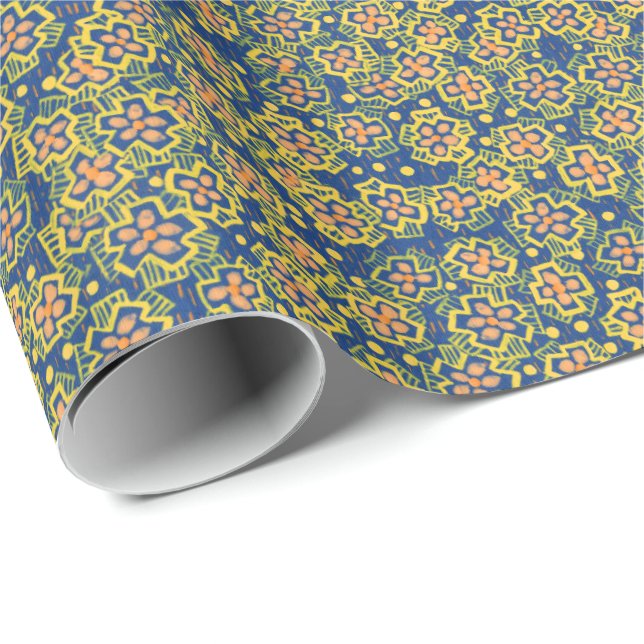 Papier Cadeau Fleur de printemps, bleu et jaune, motif floral (Coin rond)