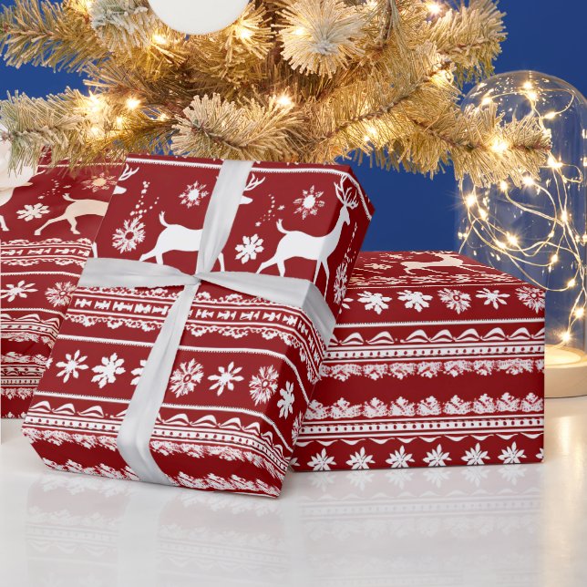 Papier Cadeau Fleur de rennes rouges et blancs Noël moderne (Vacances)