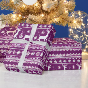 Papier Cadeau Fleur de rennes violets et blancs Noël moderne