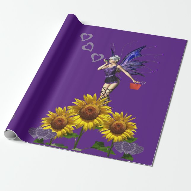 Papier Cadeau Fleur de tournesol Coeurs rouges Papier d'envelopp (Déroulé)