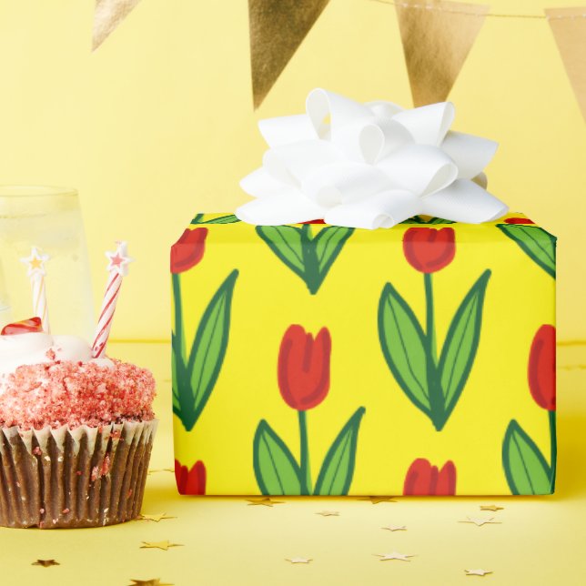 Papier Cadeau Fleur de tulipe rouge vive jaune personnalisé (Fête d'anniversaire)