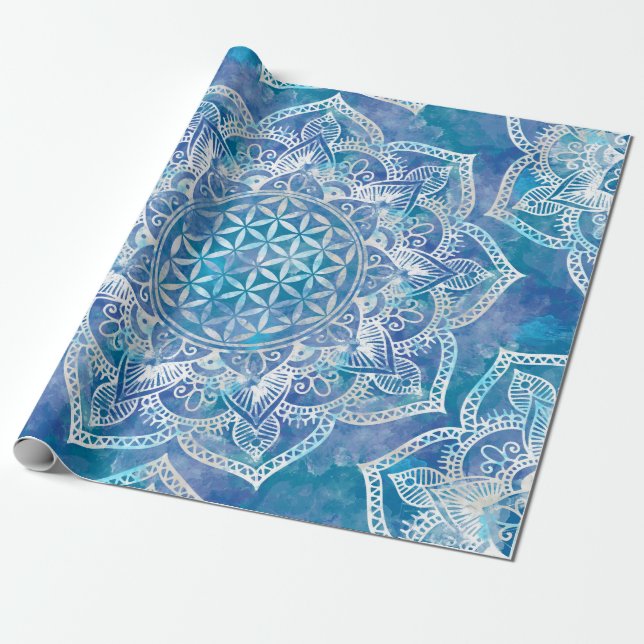Papier Cadeau Fleur de vie à Lotus - Aquarelle Bleue (Déroulé)