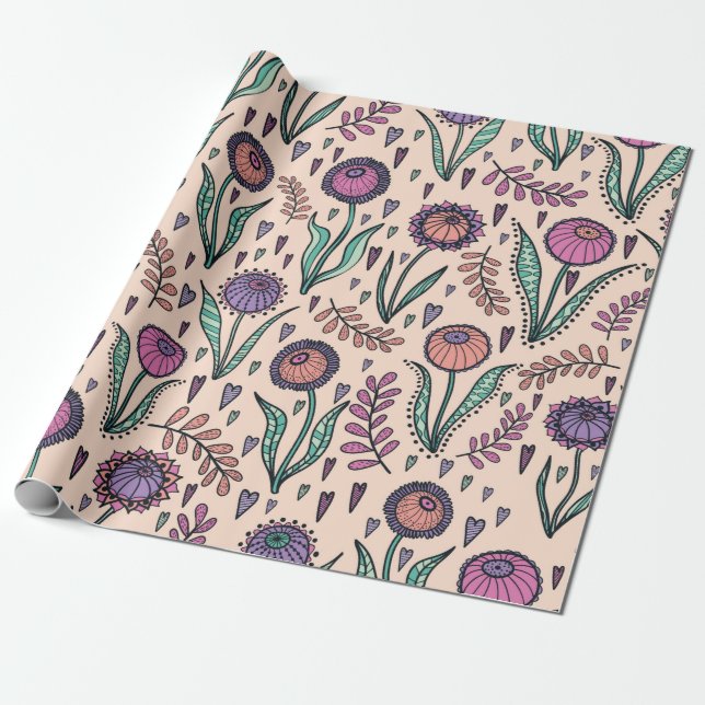 Papier Cadeau Fleur des années 60 rétro. illustration à main vin (Déroulé)