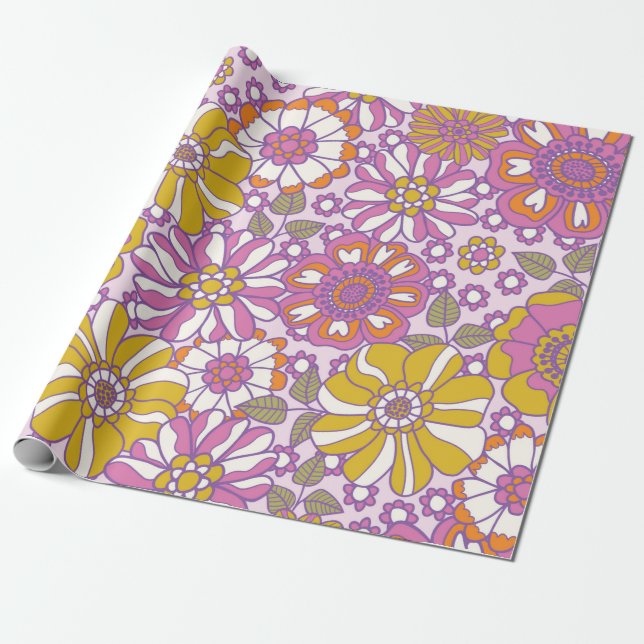 Papier Cadeau Fleur des années 60 rétro. Motif d'illustration vi (Déroulé)