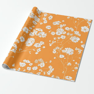 Papier Cadeau Fleur Ditsy Orange Blanc Pastel Bohème Vintage 70s