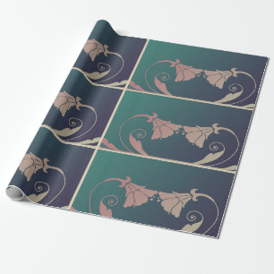 Papier Cadeau Fleur fuschia Art nouveau rose bleu vert élégant