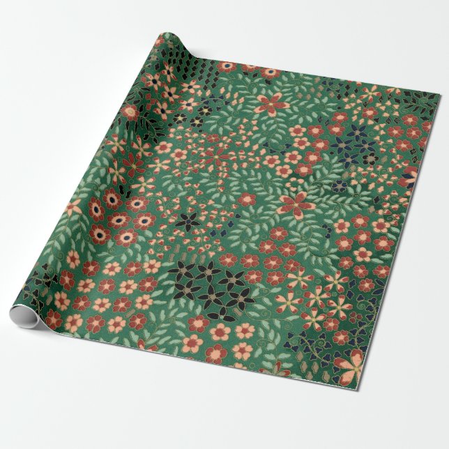 Papier Cadeau Fleur japonaise verte Flore traditionnelle arrière (Déroulé)