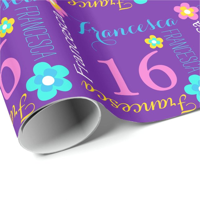 Papier Cadeau Fleur nom personnalisé âge 16e anniversaire envelo (Coin rond)