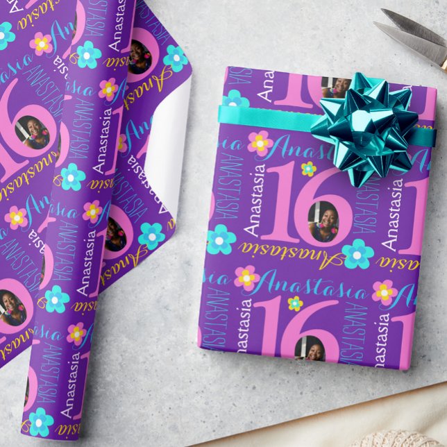 Papier Cadeau Fleur nom personnalisé âge 16e anniversaire envelo (Créateur téléchargé)