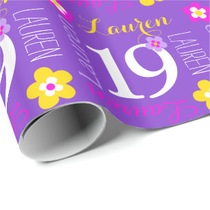 Papier Cadeau Fleur nom personnalisé Lauren 19e anniversaire en