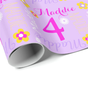 Papier Cadeau Fleur personnalisé rose violet âge de 4 ans