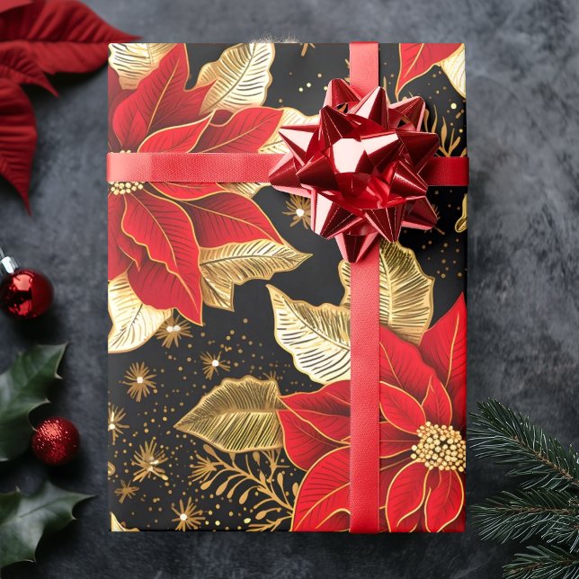 Papier Cadeau Fleur Poinsettia en noir feuille d'or | Noël (Poinsettia Flower in Gold Leaf Black | Christmas Wrapping Paper)