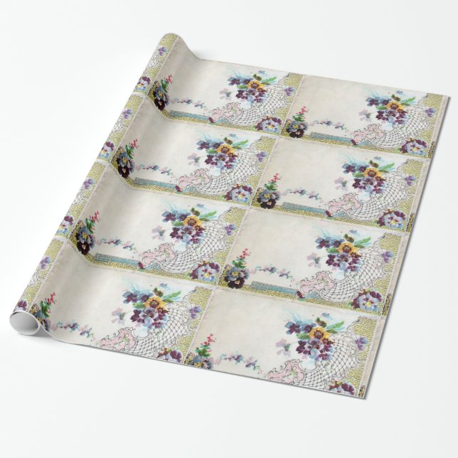 Papier Cadeau Fleur ROMANTİCA, Élégante Panier, Pansies (Déroulé)