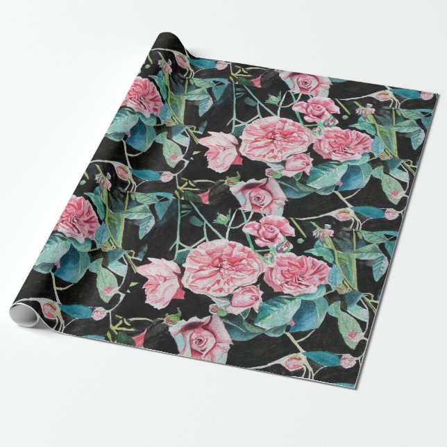 Papier Cadeau Fleur rose rose Aquarelle Peinture Art Rose (Déroulé)