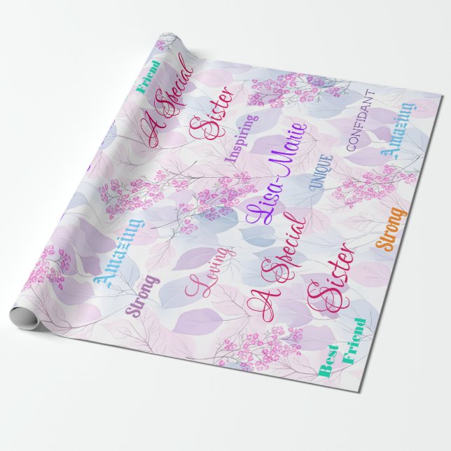 Papier Cadeau Fleur rose Soeur spéciale coeur réfléchi (Déroulé)