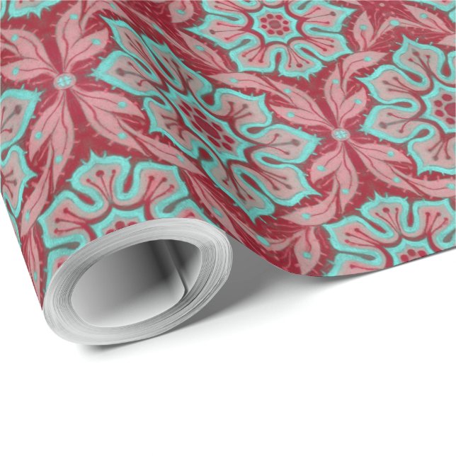 Papier Cadeau "Fleur rouge et turquoise" floral arabesque (Coin rond)