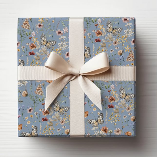 Papier Cadeau Fleur sauvage Boho bleu (Blue Boho Wildflower Wrapping Paper with Butterflies by Painted Paperie
)