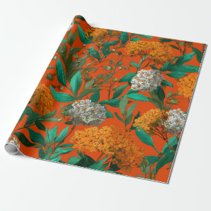 Papier Cadeau Fleuris Vintage Gras Orange Vert Botanique