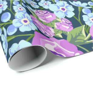 Papier Cadeau Fleurs à motifs floraux en fleurs bleues violettes