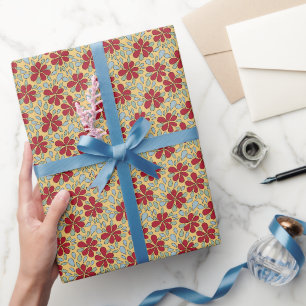 Papier Cadeau Fleurs abstraites rétro des années 70 Rouge Bleu V