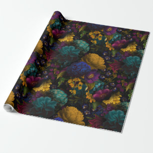 Papier Cadeau Fleurs antiques baroques luxuriantes sur le noir