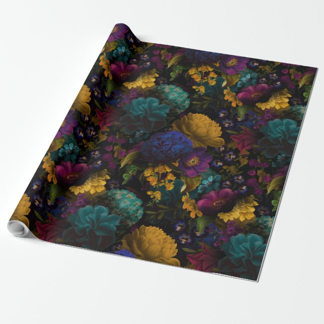Papier Cadeau Fleurs antiques baroques luxuriantes sur le noir (Déroulé)