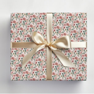 Papier Cadeau Fleurs Aquarelle Rose Blanc