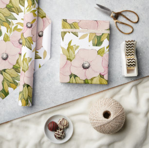 Papier Cadeau Fleurs Aquarelles Anémoniques Soft Rose Peint À La