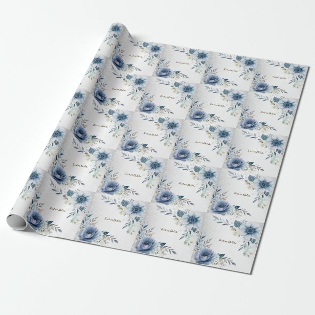 Papier Cadeau Fleurs aquarelles bleu poussiéreux argentées éléga (Déroulé)