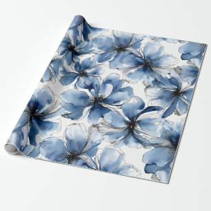 Papier Cadeau Fleurs aquarelles bleues et blanches abstraites