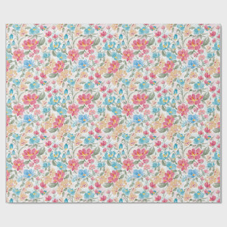 Papier Cadeau Fleurs aquarelles en rose et bleu