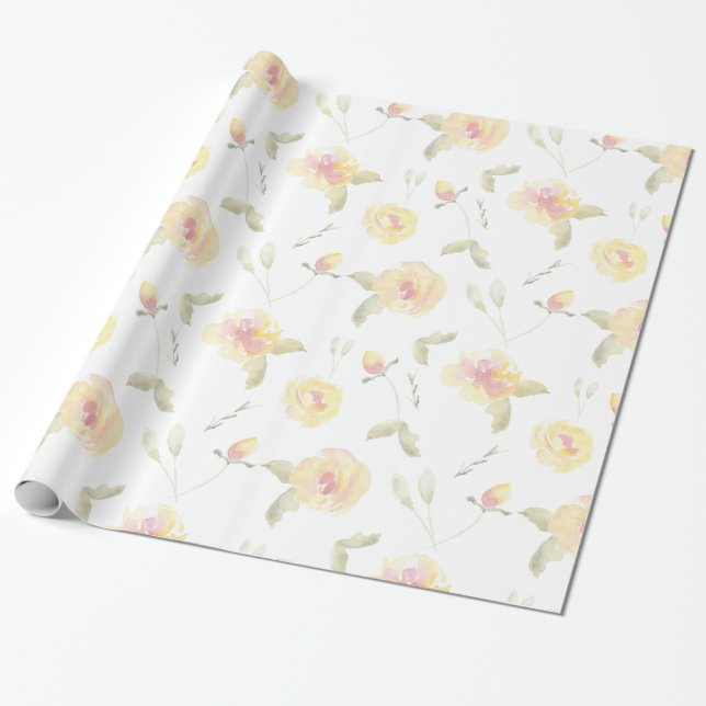 Papier Cadeau Fleurs Aquarelles Jaune Citron Réception de Mariag (Déroulé)