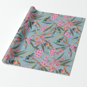 Papier Cadeau Fleurs australiennes d'eucalyptus avec des oiseaux