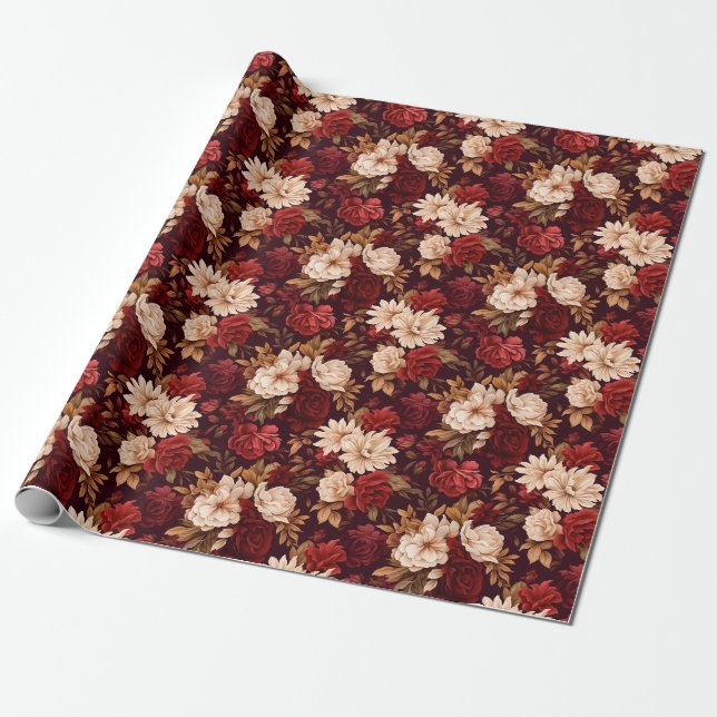Papier Cadeau Fleurs beiges bordeaux bohème (Déroulé)