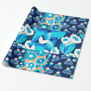 PAPIER CADEAU FLEURS BLANCHES HAWAII BLEU BOLD FLORAL PATCHWORK