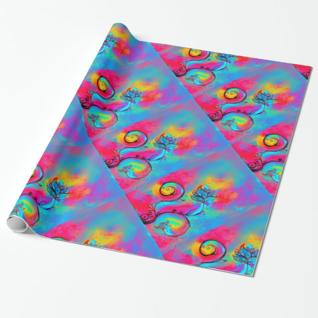 Papier Cadeau FLEURS BLANCHES rose fushia jaune, bleu turquoise (Déroulé)