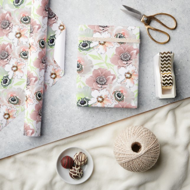 Papier Cadeau Fleurs blanches, roses. (Artisanat)