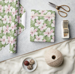 Papier Cadeau Fleurs blanches roses tropicales
