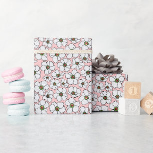 Papier Cadeau Fleurs blanches sur fond rose tendre