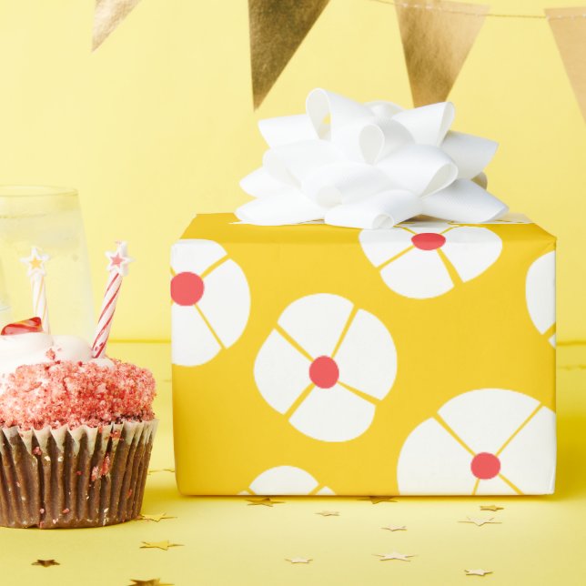 Papier Cadeau Fleurs blanches sur or (Fête d'anniversaire)
