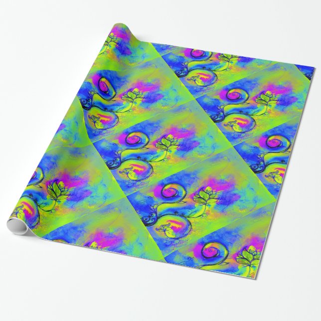 Papier Cadeau FLEURS BLANCHES violet rose, vert orange jaune (Déroulé)