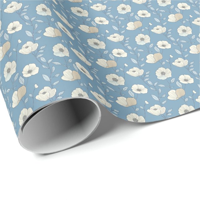 Papier Cadeau Fleurs Bleu Beige Anniversaire Maria (Coin rond)