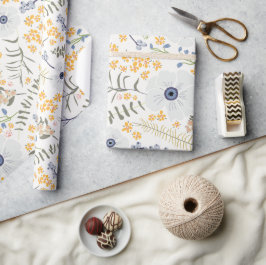 Papier Cadeau Fleurs Bleu Jaune Motif botanique