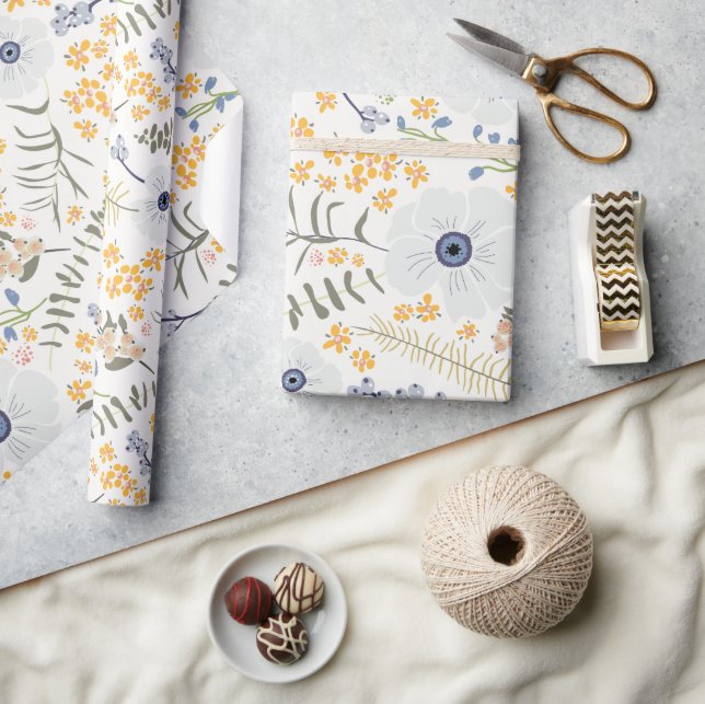 Papier Cadeau Fleurs Bleu Jaune Motif botanique (Artisanat)