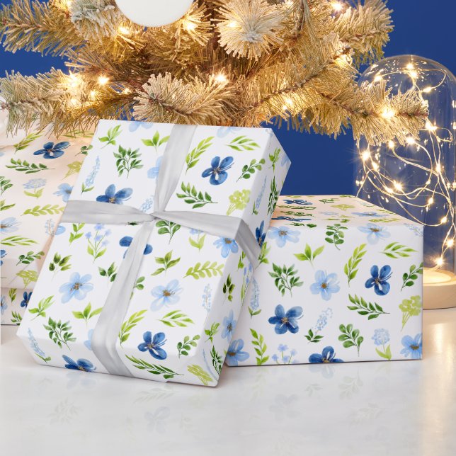 Papier Cadeau Fleurs bleu marine et bébé avec Motif de feuillage (Vacances)