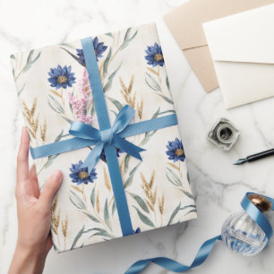 Papier Cadeau Fleurs Bleues Anniversaire