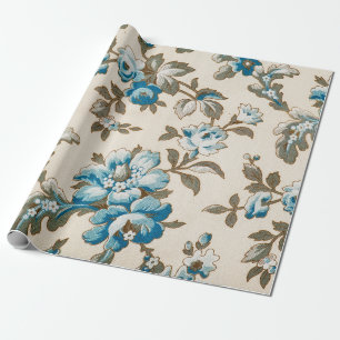 Papier Cadeau Fleurs Bleues Antiques Florales Beige Botanique