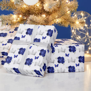 Papier Cadeau Fleurs bleues de la Marine et Couronnes d'argent