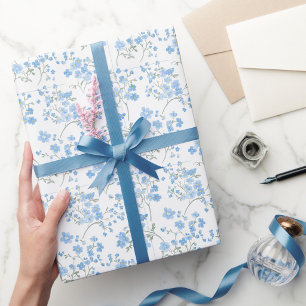 Papier Cadeau Fleurs Bleues Élégantes Motif Rayé