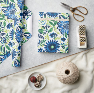Papier Cadeau Fleurs Bleues Et Vertes